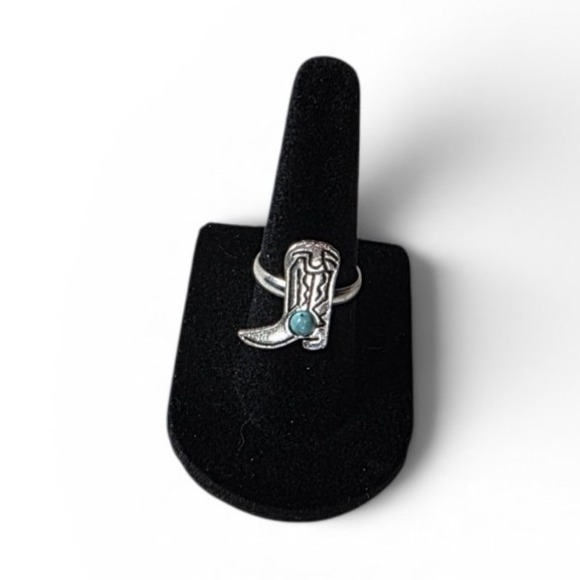 Jewelry - Western Boot Shape Adjustable Silver Ring Turquoise Round Bezel Stone Sz 5.5